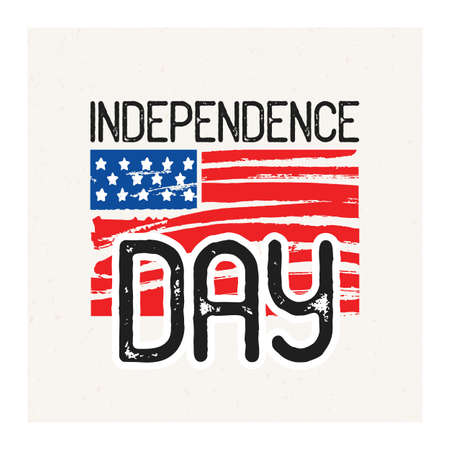 Independence Day inscription handwritten with elegant font against hand drawn national American flag on background. Festive lettering. Vector illustration for United States of America holiday.のイラスト素材