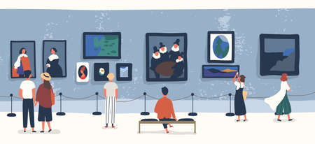 Visitors of classic art gallery or museum viewing exhibits. People or tourists looking at paintings at exhibition. Men and women enjoying artworks. Colorful vector illustration in flat cartoon style.のイラスト素材