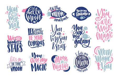 Romantic phrases or quotes handwritten with elegant cursive calligraphic font and decorated by cute elements. Love and passion inscriptions isolated on white background. Colored vector illustration.のイラスト素材