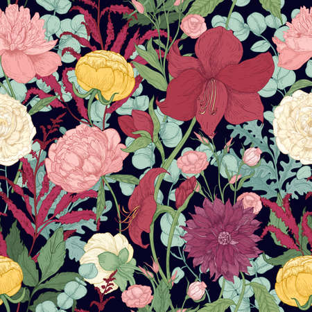 Botanical seamless pattern with gorgeous garden and wild floristic flowers and flowering herbs on black background. Natural realistic vector illustration for fabric print, backdrop, wrapping paper.のイラスト素材