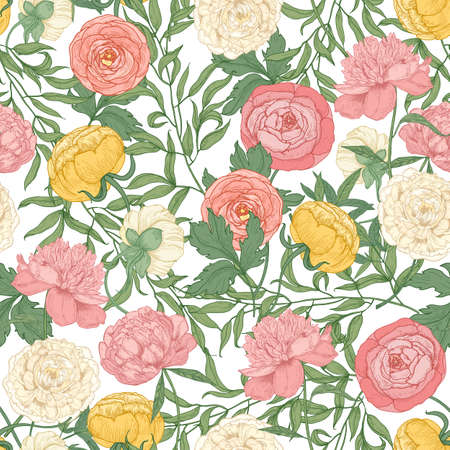 Botanical seamless pattern with gorgeous blooming tulips, peonies and ranunculus flowers on white background. Floral realistic vector illustration in vintage style for textile print, wallpaper.のイラスト素材