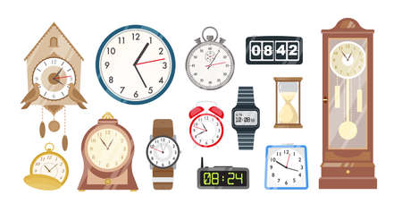 Collection of mechanical and electronic clocks, watches and hourglass isolated on white background. Set of devices to to measure indicate time. Colorful vector illustration in flat cartoon style.のイラスト素材