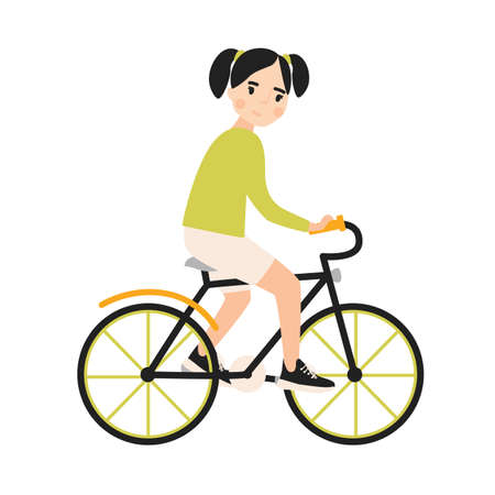 Young cute smiling girl riding bicycle. Cheerful child bicyclist pedaling urban bike isolated on white background. Sports activity for kids. Colorful vector illustration in flat cartoon style.のイラスト素材
