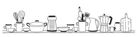 Home kitchen utensils for cooking, tools for food preparation or cookware standing on shelf hand drawn with black contour lines on white background. Vector illustration in monochrome colors.のイラスト素材
