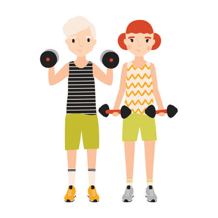 Pair of kids dressed in sportswear doing exercise with barbells isolated on white background. Sports activity, strength or power training for children. Flat cartoon colorful vector illustration.のイラスト素材