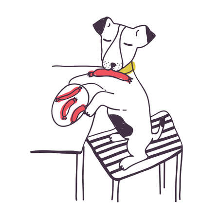 Amusing dog stealing sausage or food from table. Funny mischievous doggy isolated on white background. Bad behavior of domestic animal, disobedient pet. Colored hand drawn vector illustration.のイラスト素材