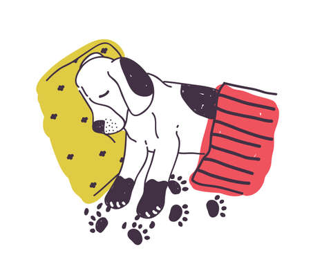 Cute dog with dirty paws sleeping in bed under blanket. Amusing naughty puppy isolated on white background. Bad habit of domestic animal, problem behavior. Colored hand drawn vector illustration.のイラスト素材