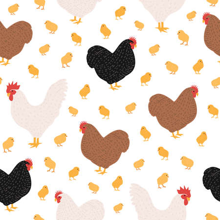 Seamless pattern with domestic birds or farm poultry on white background - cock and chicken, rooster, hen and chicks. Cartoon hand drawn vector illustration for wrapping paper, textile print.のイラスト素材