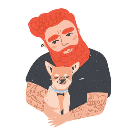 Portrait of cute redhead bearded man with tattoos holding his dog or puppy. Funny male cartoon character embracing domestic animal. Adorable pet owner. Colorful vector illustration in flat style.のイラスト素材