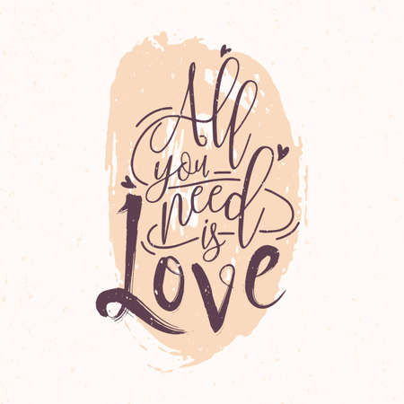 All You Need Is Love romantic phrase or quote written with elegant cursive font against pink round paint blot on background. Decorative vector illustration for Valentines Day greeting card.のイラスト素材