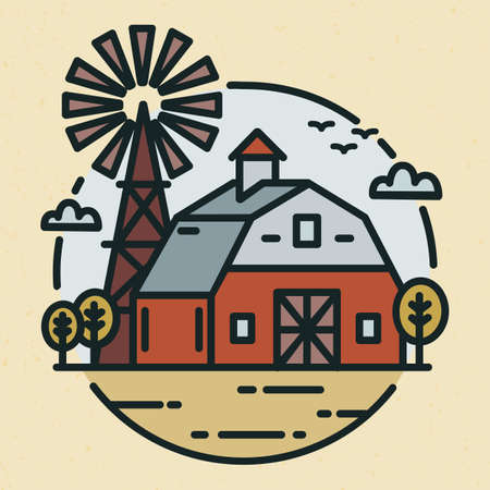 Round logotype with farmland landscape, country house or agricultural building and windmill in line art style. Creative label with rural scenery isolated on light background. Vector illustration.のイラスト素材
