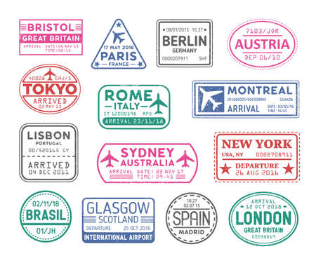 Collection of passport stamps isolated on white background. Bundle of travel or touristic marks. Set of round, rectangular and triangular journey or trip markings. Colorful vector illustration.のイラスト素材
