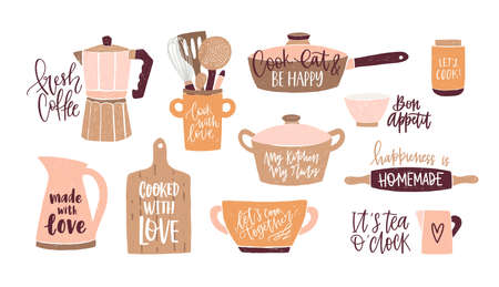 Set of lettering written with cursive font and decorated with cookware, kitchen utensils for home...
