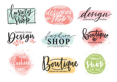 Collection of beautiful lettering hand drawn with elegant cursive font against colorful stains on background. Vector illustration for fashion boutique logo, apparel store or designer shop logotype.のイラスト素材