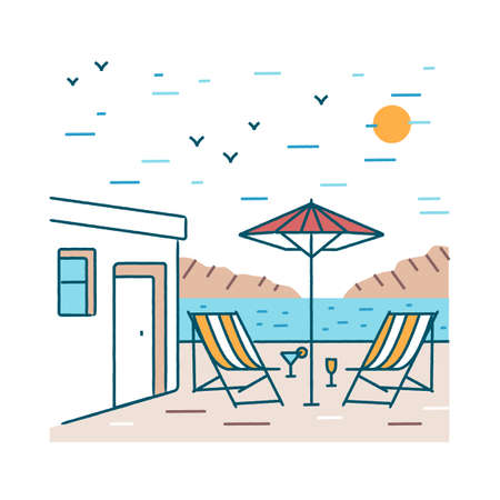 Summer landscape with pair of deck chairs, exotic cocktails and umbrella standing near hotel building against mountains and sea on background. Colored vector illustration in modern lineart styleのイラスト素材