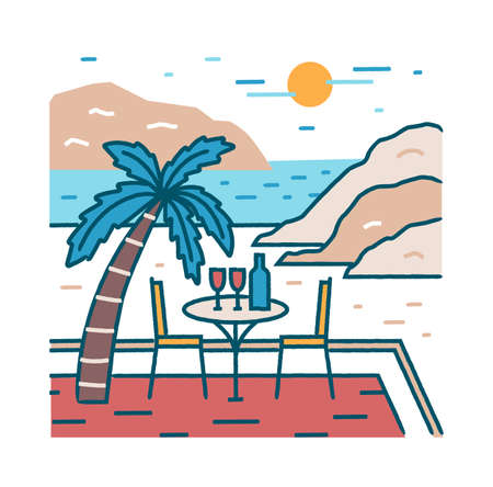 Landscape with romantic restaurant table and glasses of wine at exotic beach against ocean, cliffs and sun on background. Honeymoon at tropical paradise. Colored vector illustration in line art styleのイラスト素材