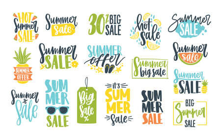 Collection of summer sale calligraphic lettering decorated with summertime attributes and isolated on white background. Bright colored vector illustration for seasonal discount at shop or storeのイラスト素材