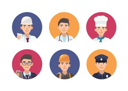 Set of round portraits of happy people of various professions. Bundle of cute male cartoon characters of different occupations inside circular frames. Colorful vector illustration in flat styleのイラスト素材