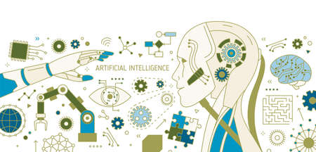 Horizontal banner with robot, robotic arm, automatic manipulator, innovative technological devices. Artificial intelligence and machine learning. Vector illustration in modern line art style.のイラスト素材