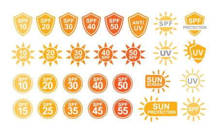 Collection of SPF and UV sun protection labels or signs isolated on white background. Colorful creative vector illustration in simple flat style for sunscreen and tan products or skin cosmeticsのイラスト素材