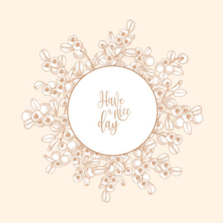 Circular backdrop or wreath made of lingonberries hand drawn with contour lines on light background. Beautiful frame consisted of arctic berries and leaves. Gorgeous monochrome vector illustrationのイラスト素材