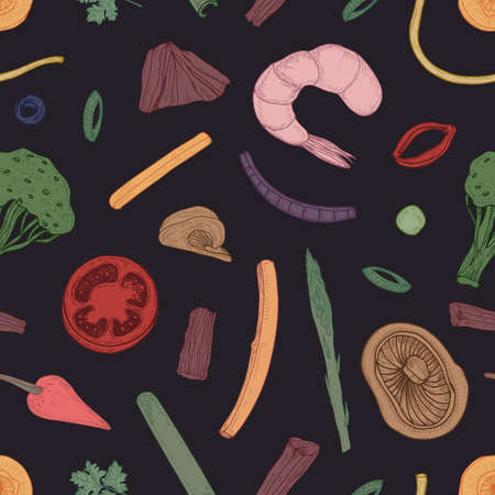 Colored seamless pattern with food pieces. Backdrop with vegetables and seafood hand drawn with contour lines on black background. Realistic vector illustration for fabric print, wallpaperの写真素材