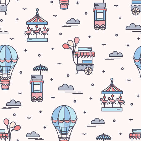 Seamless pattern with amusement park attractions. Backdrop with carousels, food carts and air balloons. Colorful vector illustration in line art style for wrapping paper, textile print, wallpaper.のイラスト素材