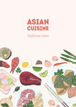 Flyer, poster or menu template with delicious traditional Asian cuisine meals lying on plates, food and spices hand drawn on white background. Colorful realistic vector illustration for restaurantのイラスト素材