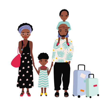 African American family on vacation. Mother, father and children traveling together. Man, woman and kids travelers with suitcases. Cartoon characters isolated on white background. Vector illustrationのイラスト素材