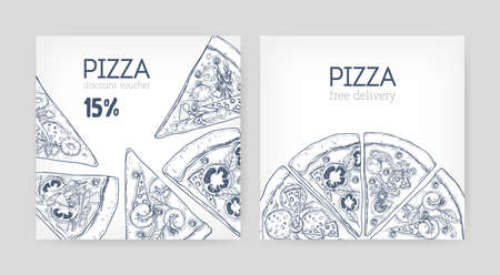 Set of square promotional coupon or discount voucher templates with pizza hand drawn with contour lines on white background. Monochrome realistic vector illustration for pizzeria, Italian restaurantのイラスト素材