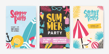 Set of tropical poster or invitation templates for summer beach party announcement. Modern vector...