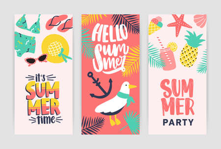 Bundle of creative flyer templates for summer party announcement. Colored vector illustration in flat cartoon style for seasonal dance event or summertime open air festival advertisement or promotion.のイラスト素材