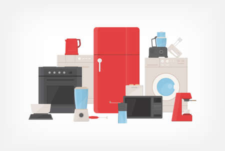 Pile of kitchen utensils, household appliances, cooking facilities, electric tools and equipment for food preparation isolated on white background. Colorful vector illustration in flat cartoon styleのイラスト素材