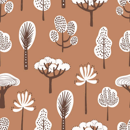Seamless pattern with various hand drawn trees on brown background. Backdrop with forest flora. Colorful vector illustration in flat cartoon doodle style for wallpaper, fabric print, wrapping paperのイラスト素材