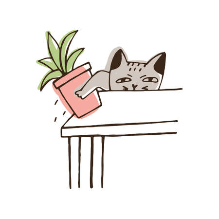 Nasty cat throwing potted plant off table. Amusing naughty kitty dropping houseplant isolated on white background. Disobedient behavior of domestic animal. Colorful hand drawn vector illustrationのイラスト素材