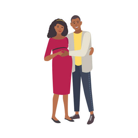 Smiling embracing pregnant woman and man isolated on white background. Pair of young loving parents. Happy pregnancy, childbirth anticipation. Colorful vector illustration in flat cartoon styleのイラスト素材
