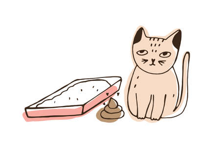 Cat sitting beside empty litter box and poop lying on floor. Naughty kitty defecating in wrong place at home isolated on white background. Disobedient domestic animal. Hand drawn vector illustration.のイラスト素材