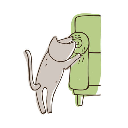 Disobedient cat scratching sofa isolated on white background. Nasty kitten tearing home furniture with claws. Problematic behavior of domestic animal. Colorful vector illustration in doodle styleのイラスト素材