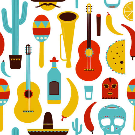 Motley Mexico seamless pattern with traditional Mexican items on white background - tequila, Lucha libre mask, chili pepper, sombrero, cactus, cigar, maracas, sugar skull. Flat vector illustrationのイラスト素材