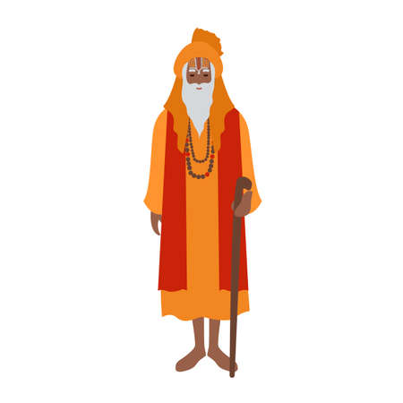 Indian guru wearing turban and traditional clothes, holding cane. Hindu clergyman, cleric or religious leader. Male cartoon character isolated on white background. Flat colorful vector illustration.のイラスト素材