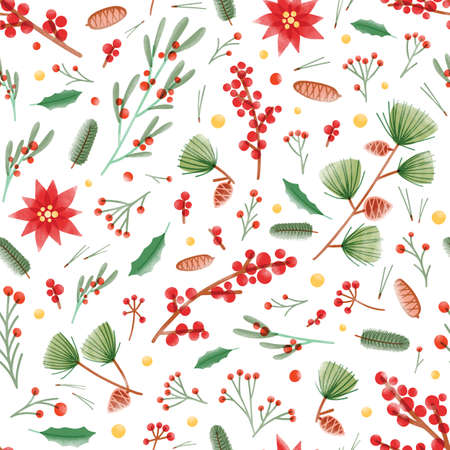 Christmas seamless pattern with holly leaves, poinsettia and mistletoe plants, pine cones and...