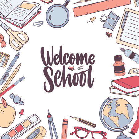 Square card template with Welcome School lettering handwritten with elegant cursive calligraphic font and decorated by frame or border made of stationery. Vector illustration for 1st of Septemberのイラスト素材