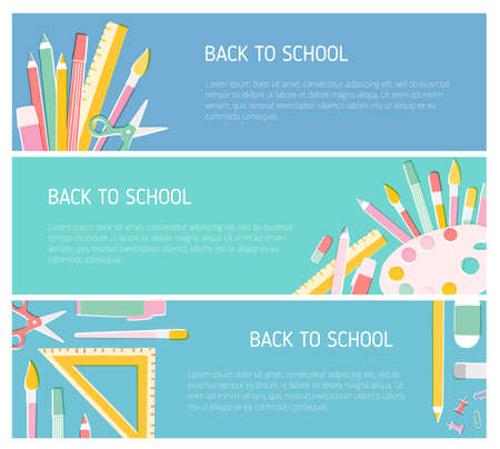 Collection of colorful horizontal web banner templates for Back To School season with place for text and decorated by education supplies. Vector illustration in trendy flat style for 1st of Septemberのイラスト素材