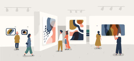 Exhibition visitors viewing modern abstract paintings at contemporary art gallery. People regarding creative artworks or exhibits in museum. Colorful vector illustration in flat cartoon style.のイラスト素材