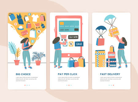 Bundle of vertical web banner templates with stages of online shopping - choice, payment, delivery. Set of scenes with woman buying goods in internet store. Colorful vector illustration in flat styleのイラスト素材