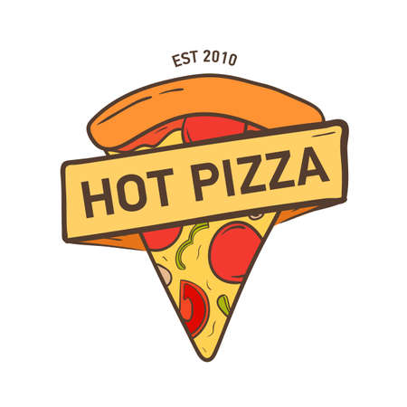 Elegant label with pizza piece and ribbon, tape or strip isolated on white background. Colorful vector illustration hand drawn in vintage style for logo of Italian restaurant, food delivery service.のイラスト素材