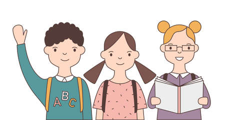 Group of adorable smiling children or pupil isolated on white background. Joyful funny school kids, cute happy classmates or friends. Bright colored vector illustration in modern line art styleのイラスト素材