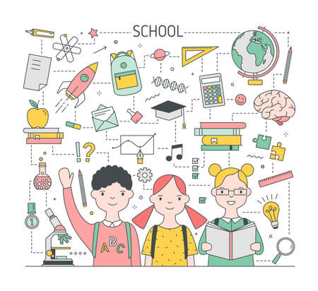 Square Back To School banner template with adorable joyful children, pupils or classmates surrounded by stationery and education symbols. Bright colored vector illustration in modern line art styleのイラスト素材