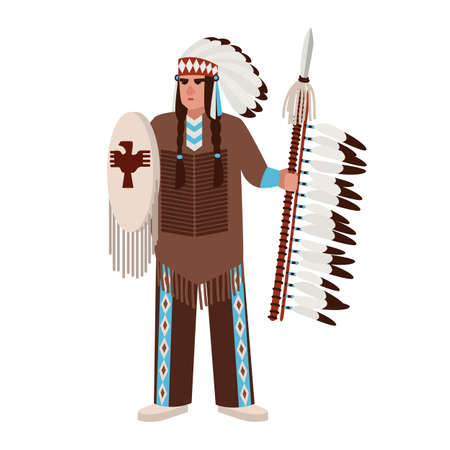 American Indian man wearing war bonnet and traditional clothes and holding spear and shield. Native peoples of America. Male cartoon character isolated on white background. Vector illustrationのイラスト素材