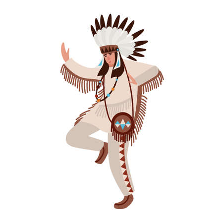 Dancing American Indian wearing ethnic costume and war bonnet. Man performing tribal dance of indigenous peoples of America. Male cartoon character isolated on white background. Vector illustrationのイラスト素材